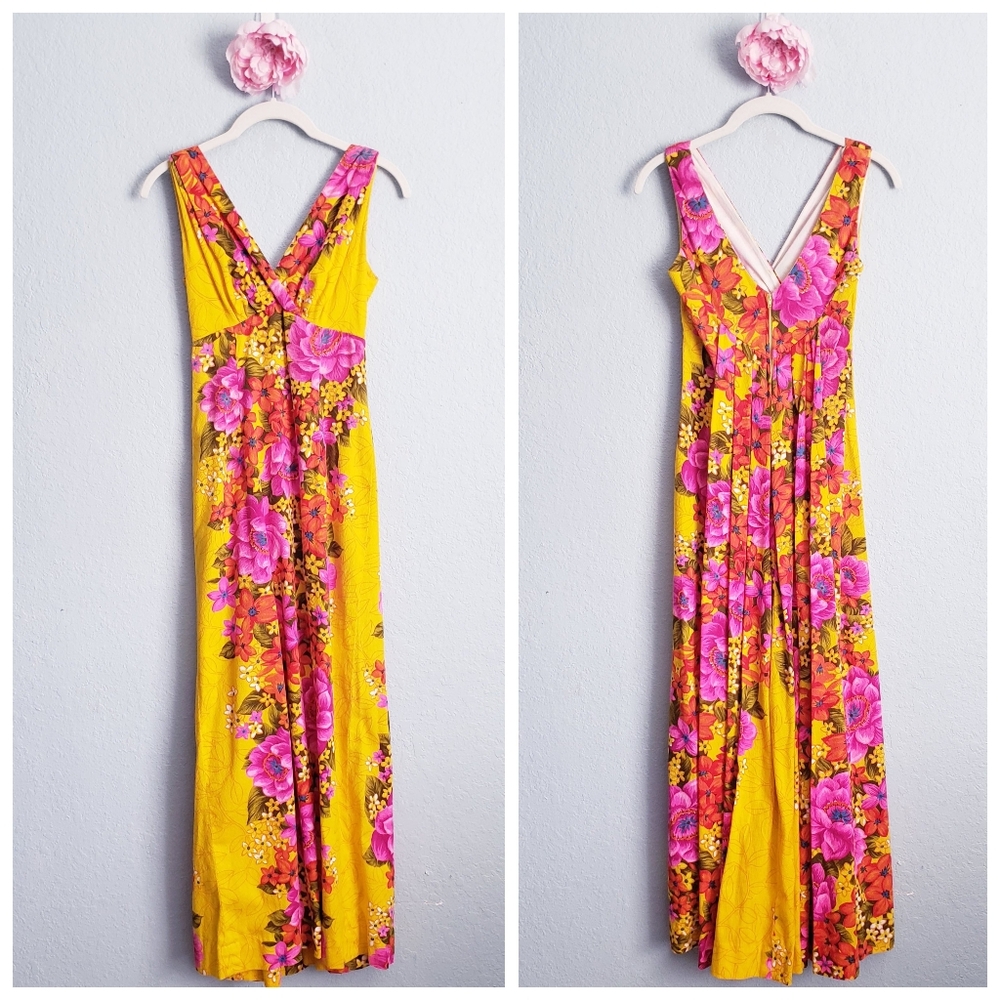 Vintage Original Hawaiian Togs Yellow &  Pink Tropical Floral Waterfall Dress